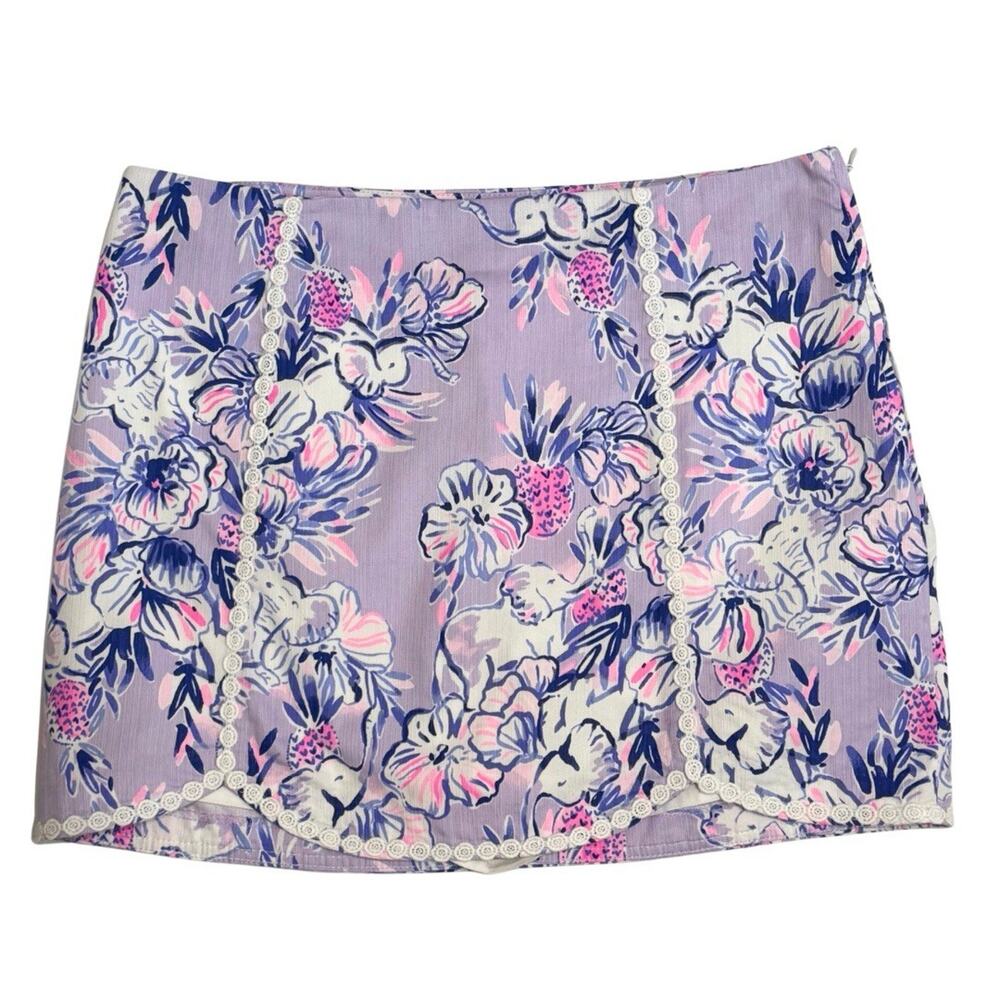 Lilly Pulitzer PATTY Skort Size 14 Purple TRUNKS UP Elephant Print Lace Trim EUC